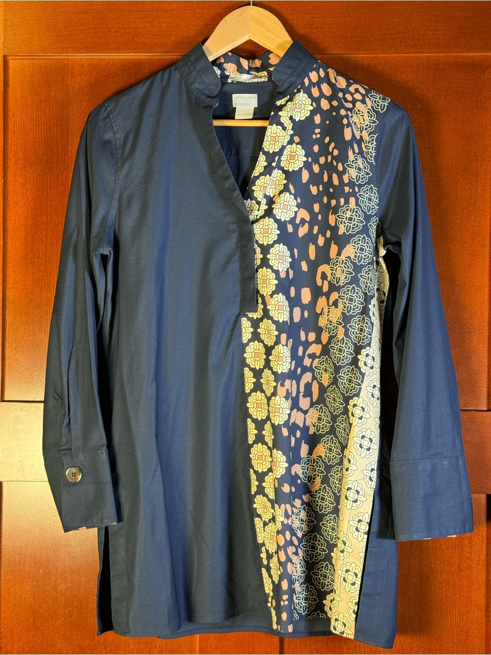 Chico’s Size 0 Small Navy Mixed Print Tunic Blouse Floral Leopard